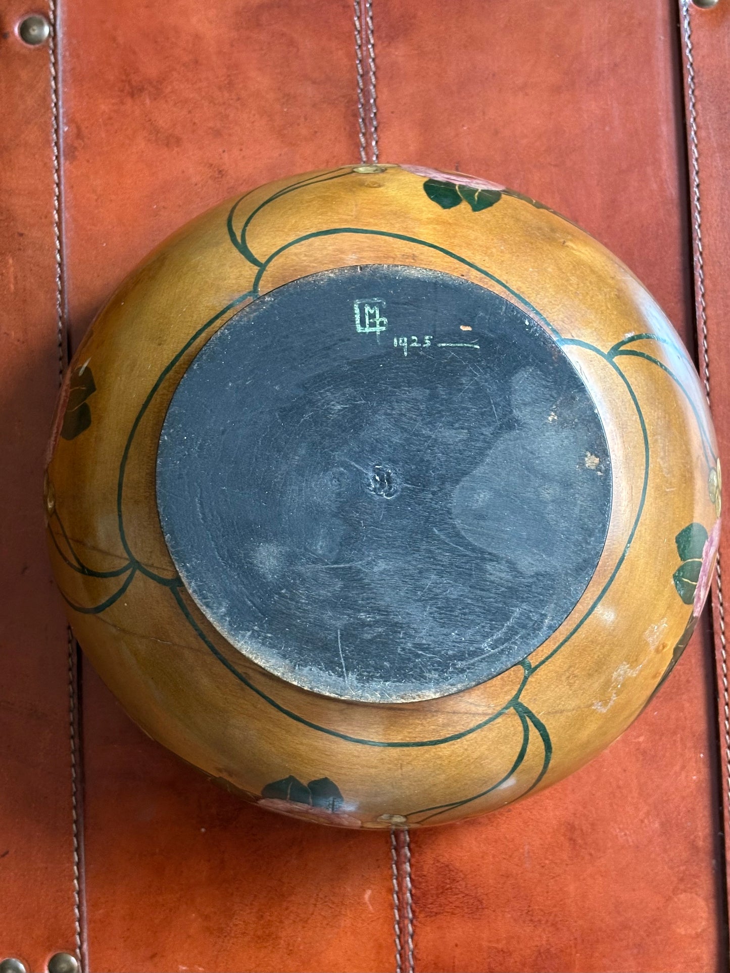 Hand-Painted Arts & Crafts Wooden Bowl, Monogrammed and Dated 1925