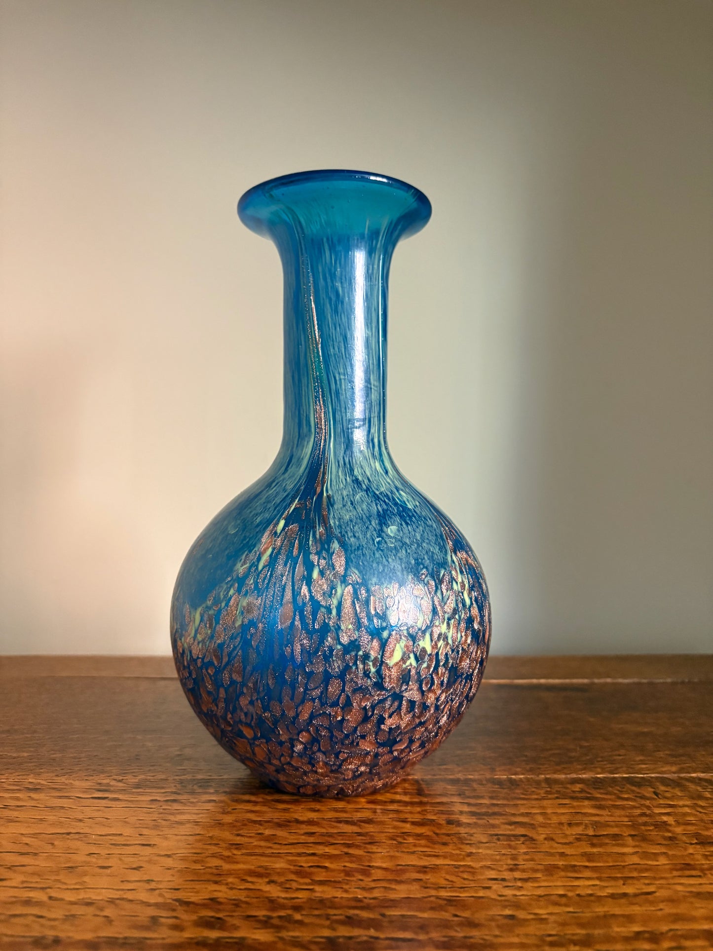 Vintage Blue & Copper Aventurine Art Glass Vase