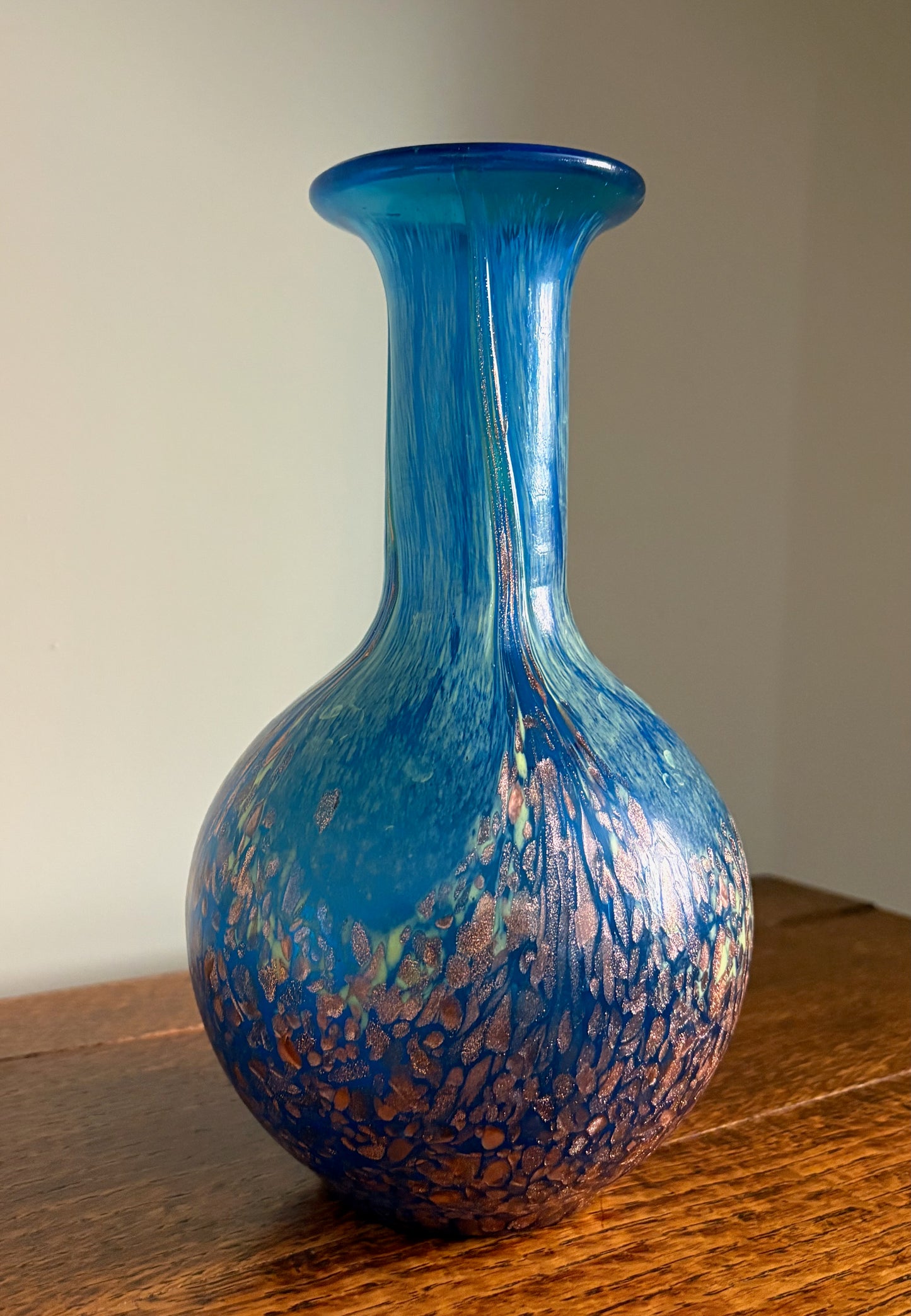 Vintage Blue & Copper Aventurine Art Glass Vase