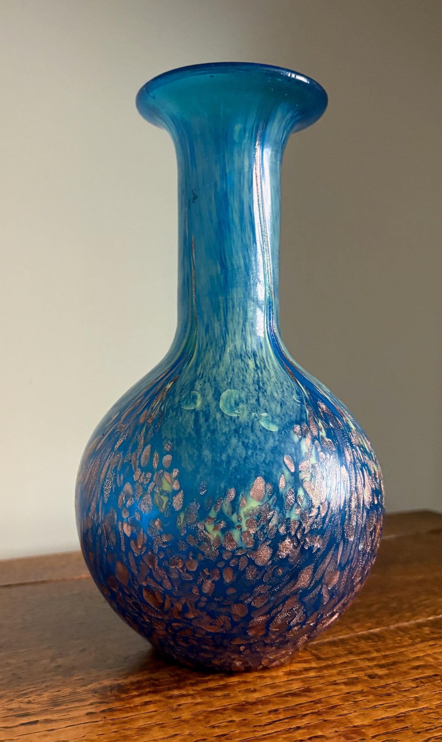 Vintage Blue & Copper Aventurine Art Glass Vase