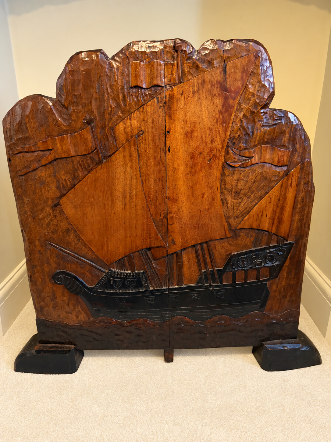 Hand Carved Arts & Crafts Galleon Fire Screen